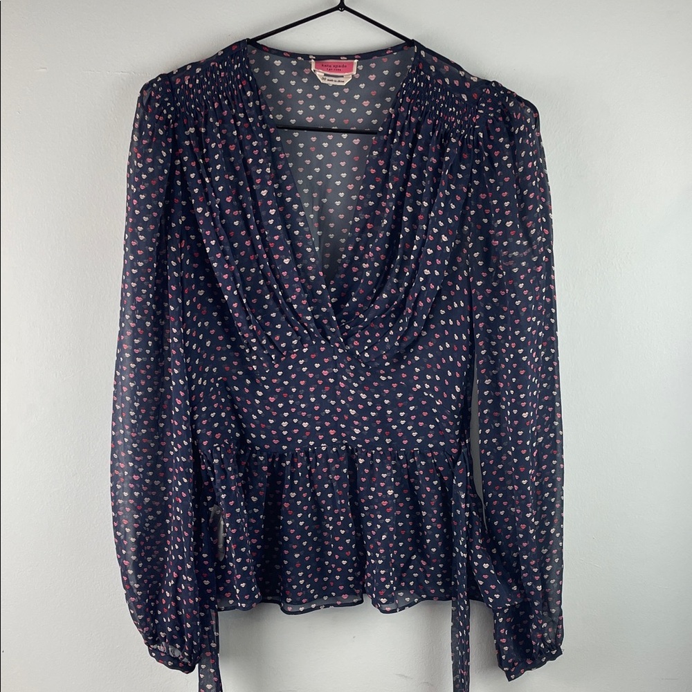 Kate Spade New York Lips Print Navy Floral Silk Blouse Size 00